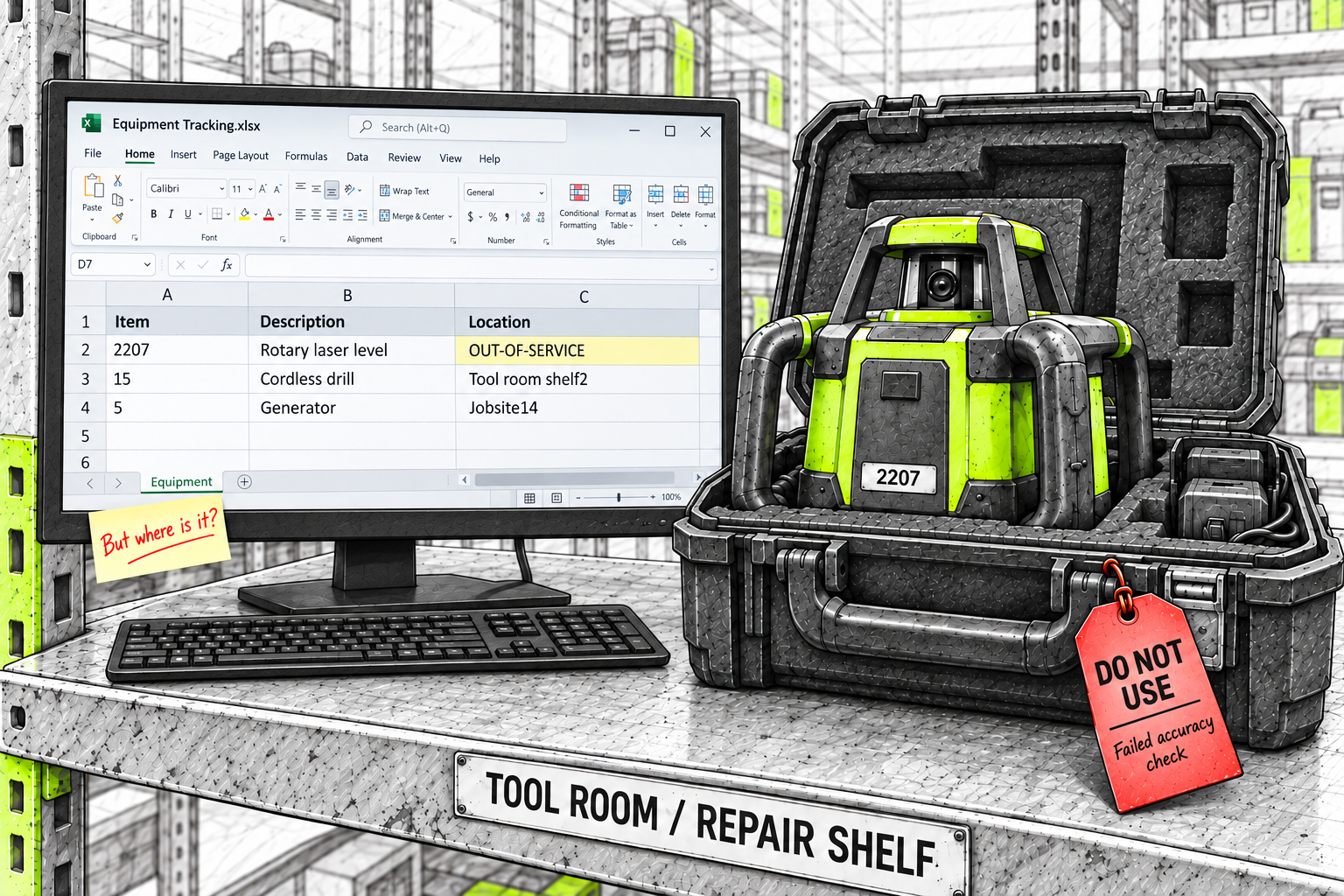 Equipment spreadsheet lists OUT-OF-SERVICE in the location column while a tagged rotary laser level sits on a physical repair shelf.