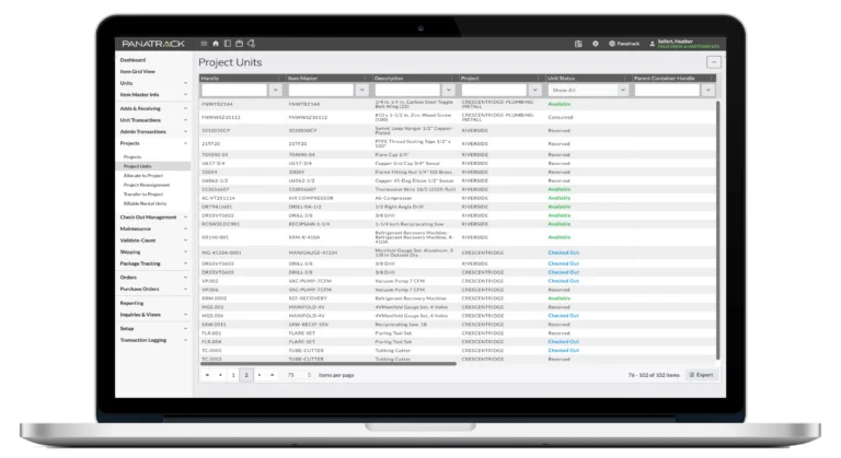 Panatrack ST project view listing the equipment and materials tracked to a job