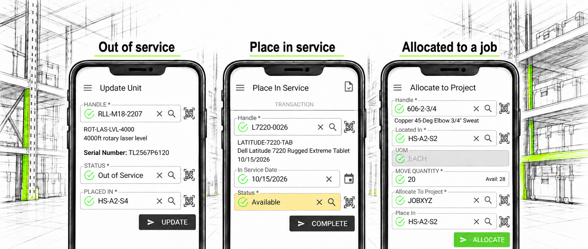 Panatrack screens show a level Out of Service at its shelf location, a tablet being placed in service, and 20 copper elbows allocated to JOBXYZ without changing location.